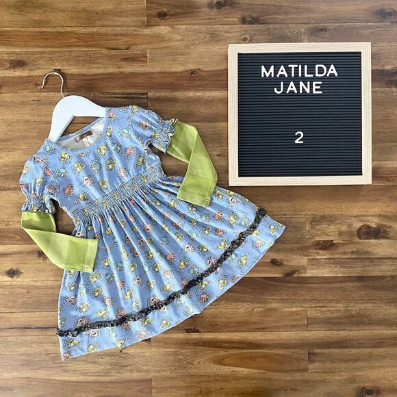 Matilda Jane Vintage You & Me Miss Roboto Blue Green Knit Robots Stripes Dress 2 - Picture 1 of 7